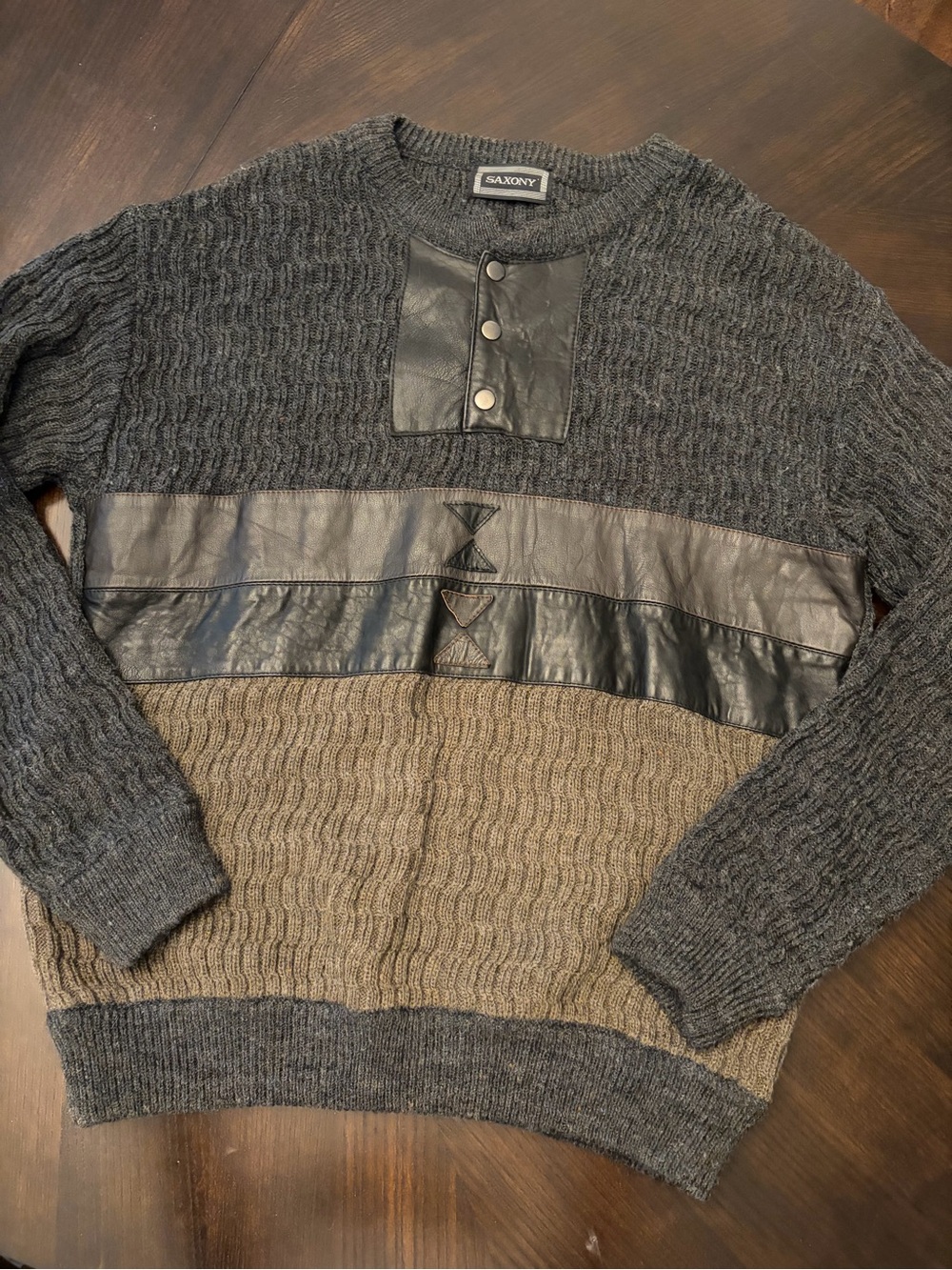 Vintage Saxony Leather and Wool Blend Sweater. Black, Brown, Gray. Size Large